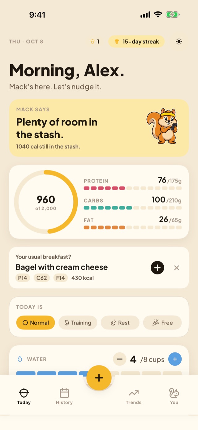 Today screen with calories, macros and Mack