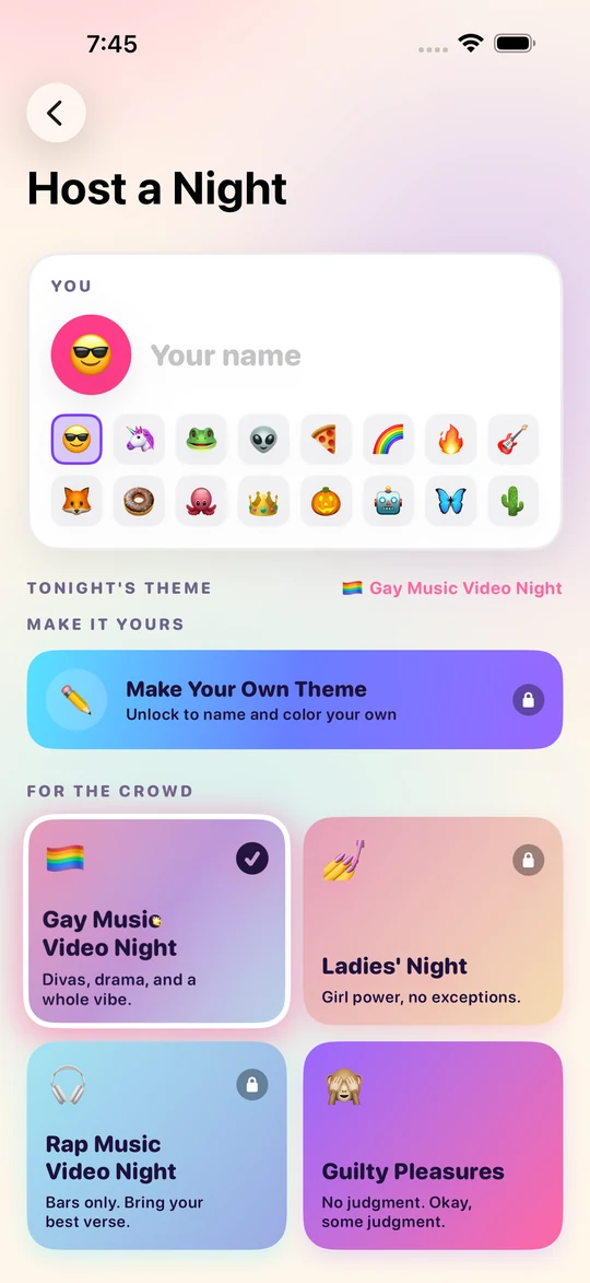 Host a Night screen with themes to pick from